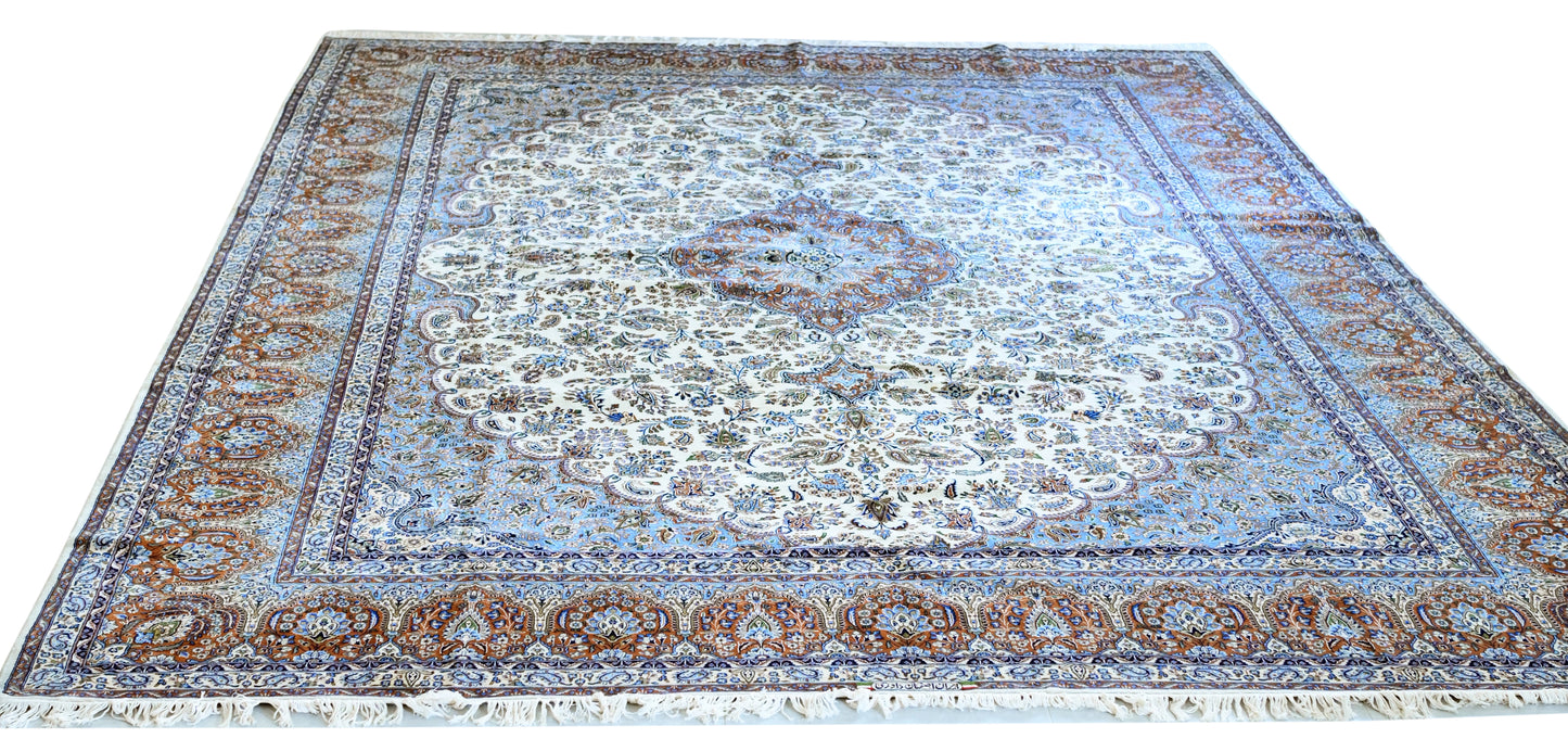 Ispahan on silk base, wool,cream/brown, fine hand knotted 17 X 11 FT