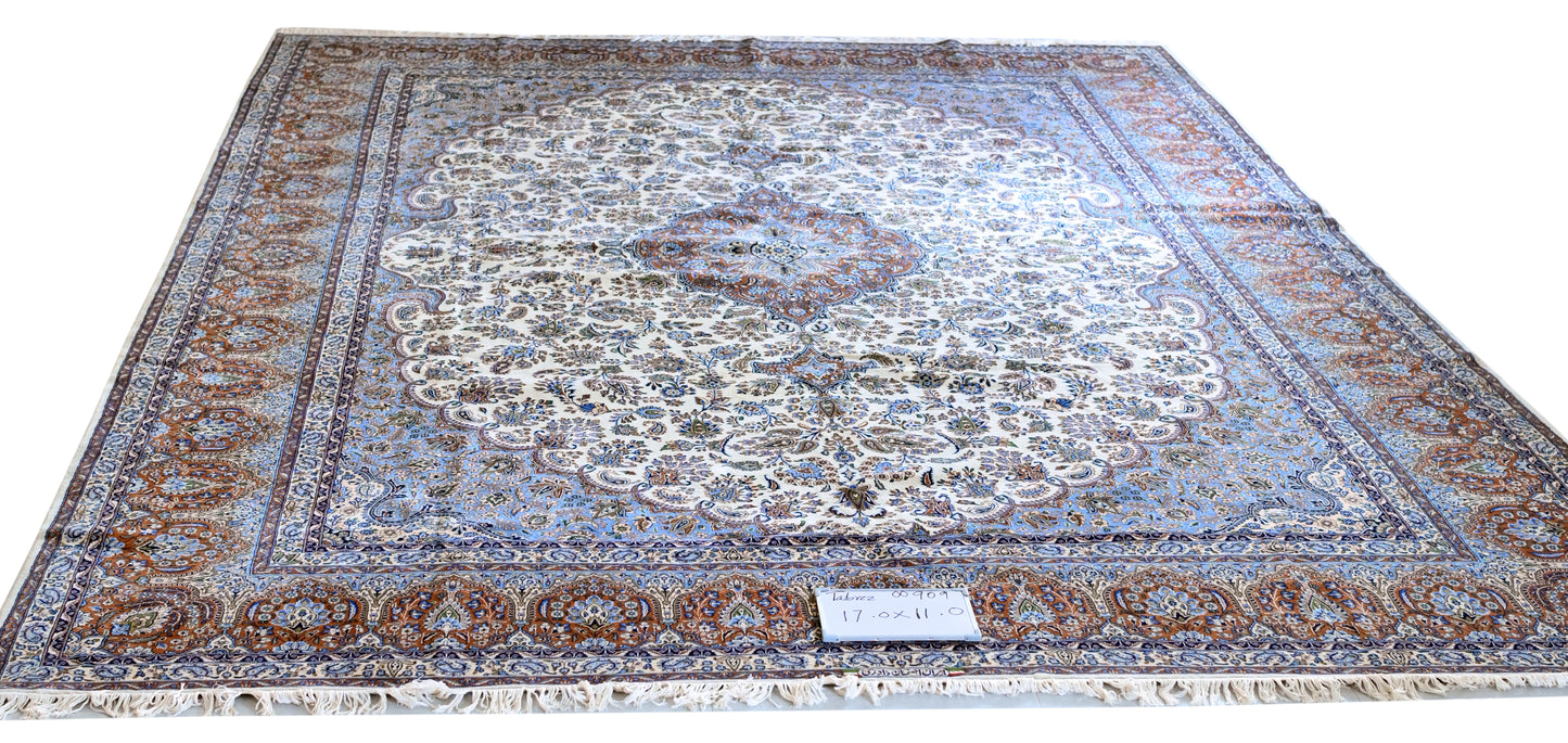 Ispahan on silk base, wool,cream/brown, fine hand knotted 17 X 11 FT