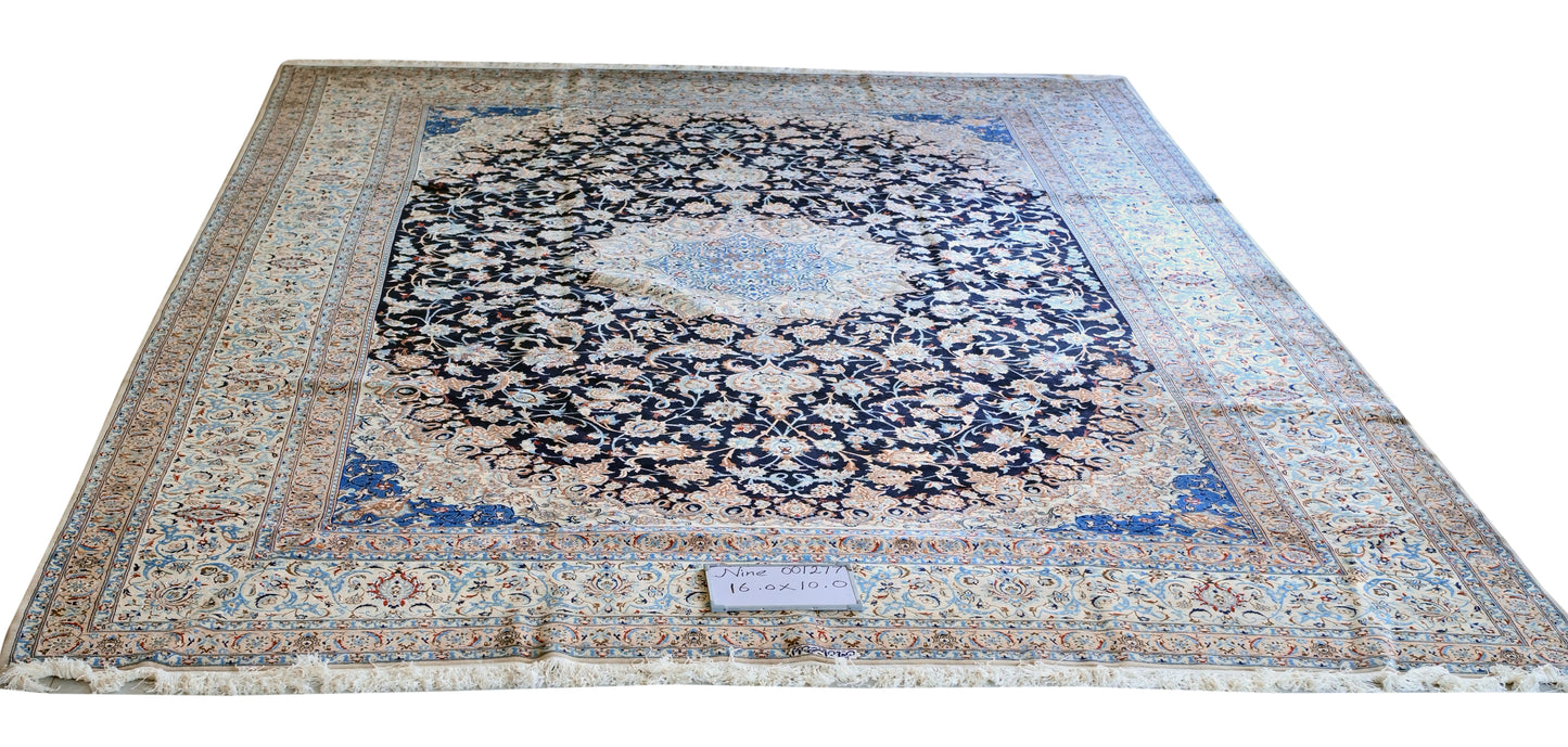 Nein Baby Lambs Wool and Silk Fine Hand Knotted Blue/Cream 16 X 10 FT