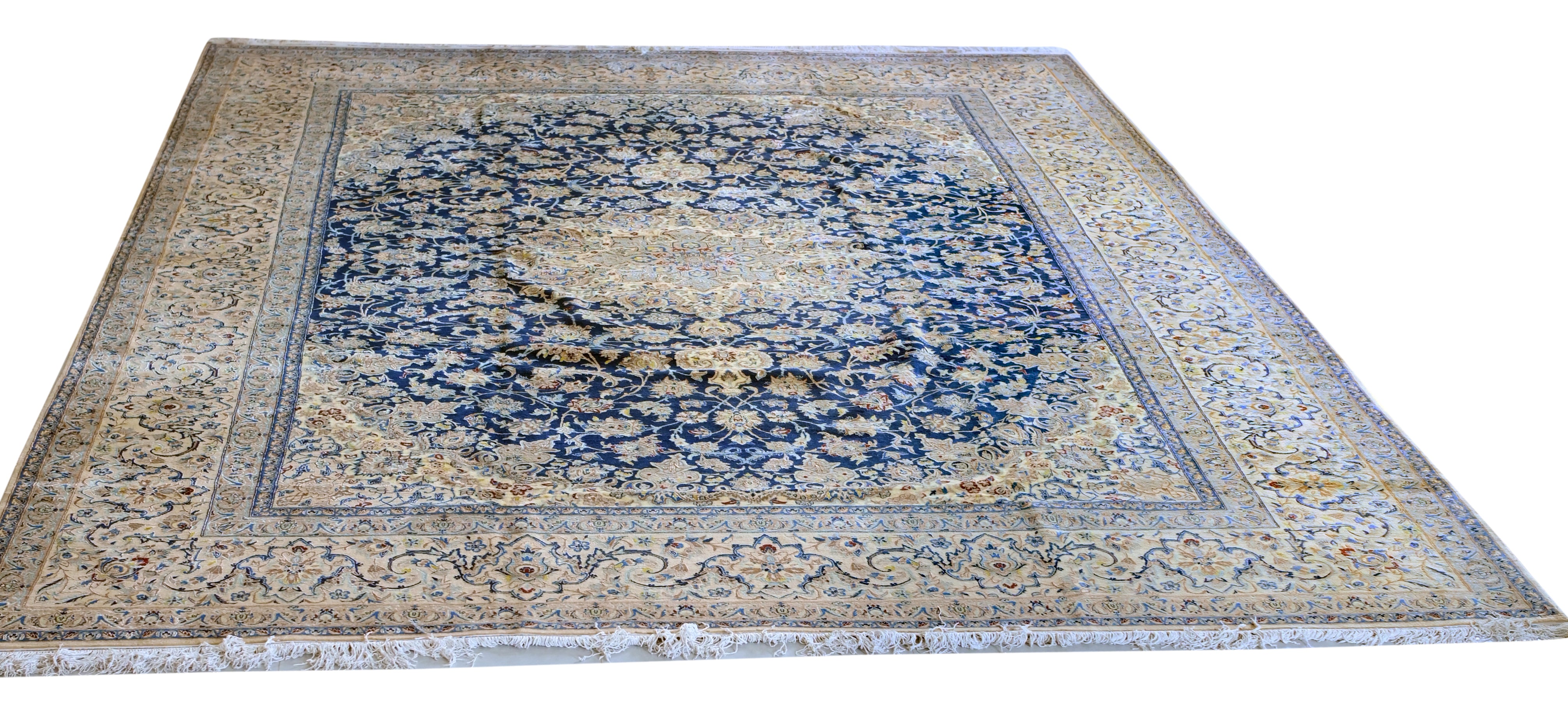 Nein Baby Lambs Wool and Silk Fine Hand Knotted Blue/Cream 15 X 10 FT