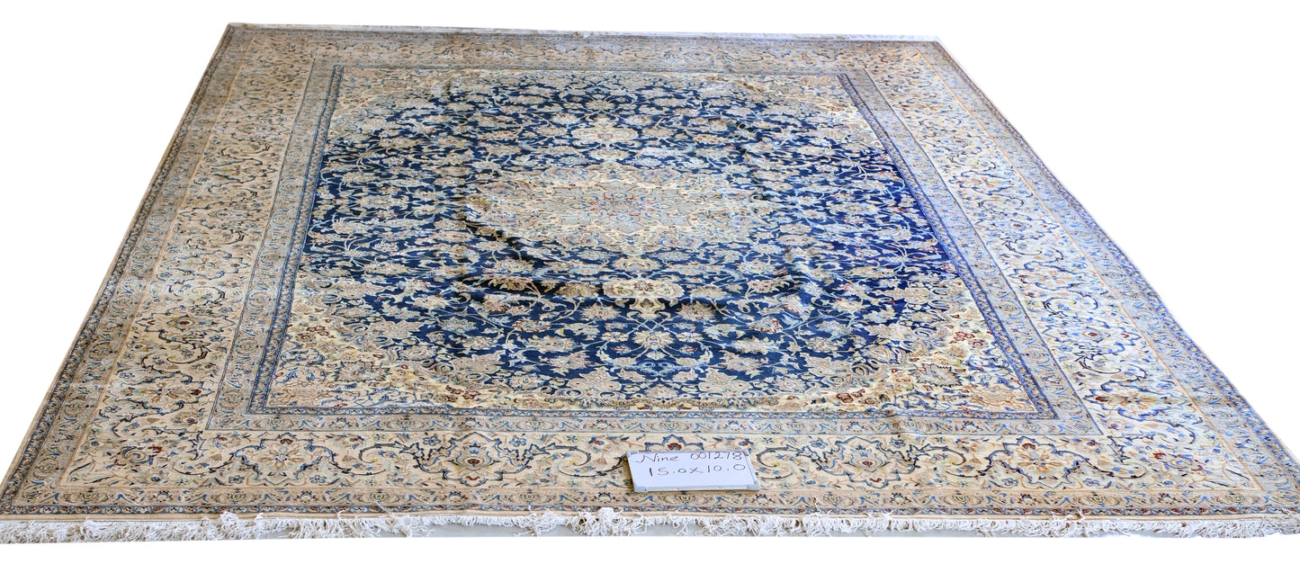 Nein Baby Lambs Wool and Silk Fine Hand Knotted Blue/Cream 15 X 10 FT