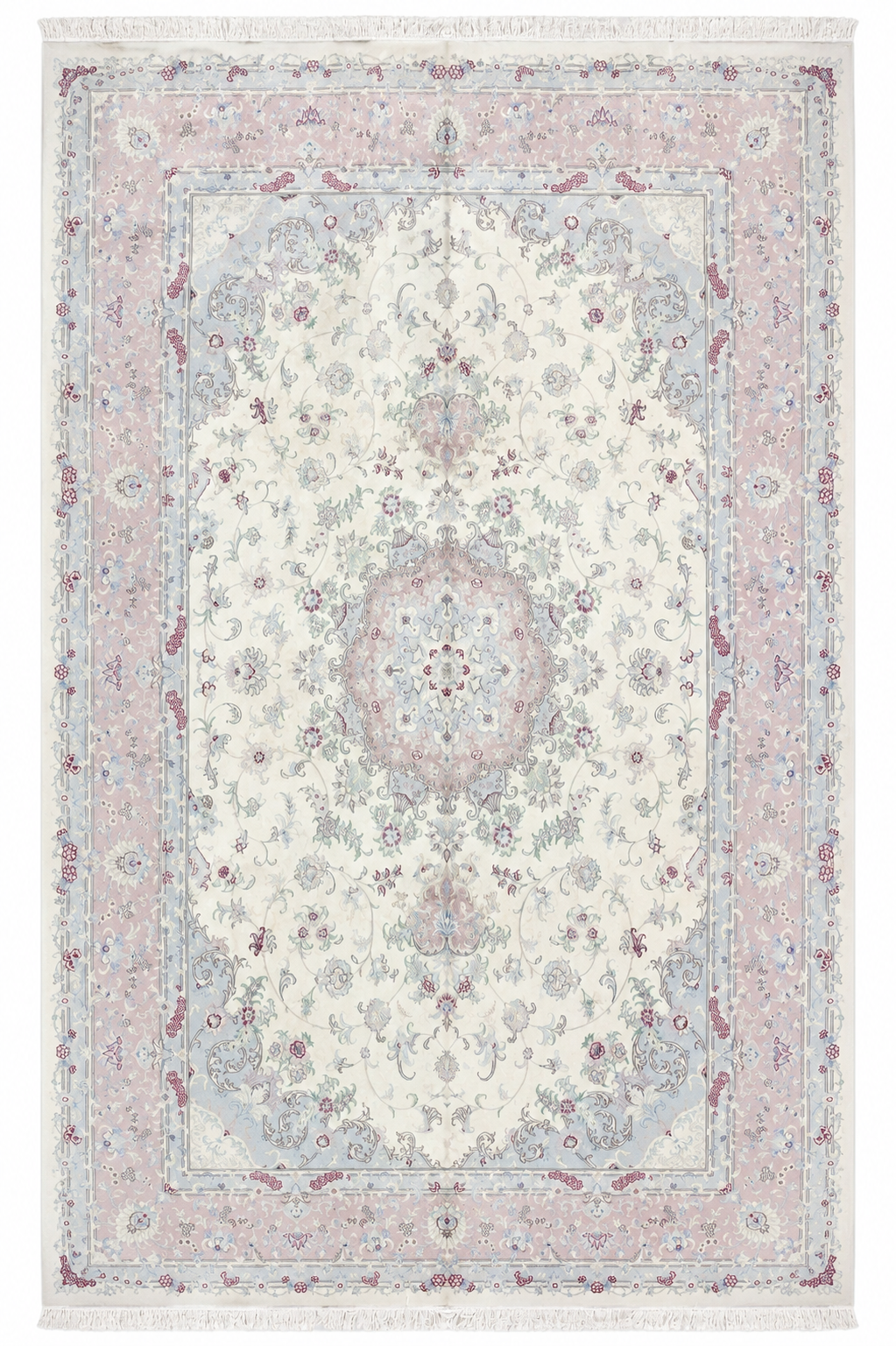 Tabriz Wool and Silk Cream Pink Fine Hand Knotted 11 X 8 FT