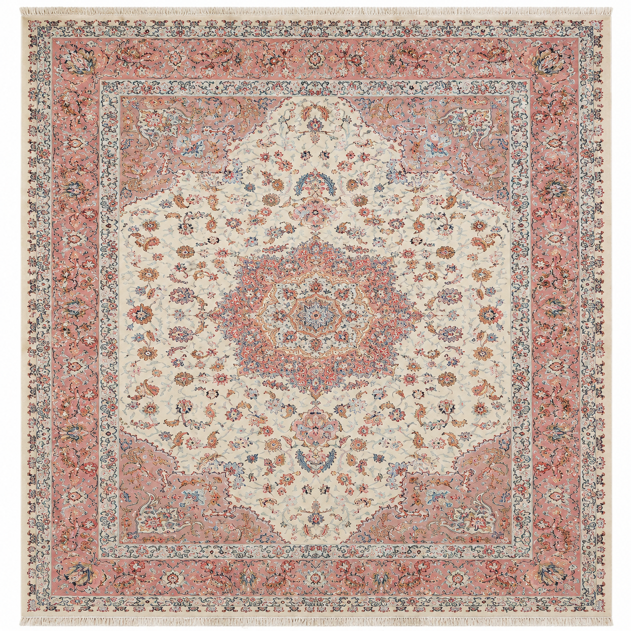 Tabriz Wool and Silk Fine Hand Knotted Cream and Pink 13 X 10 FT