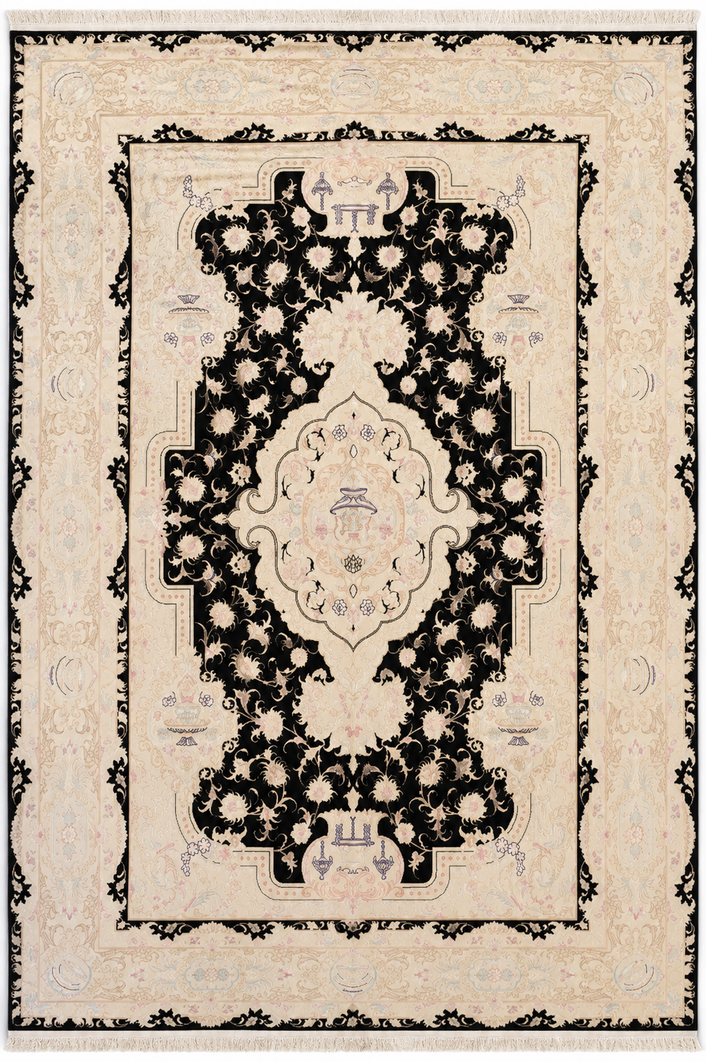 Tabriz Royal Wool and Silk on Silk Base Black/Beige 10 X 7 FT