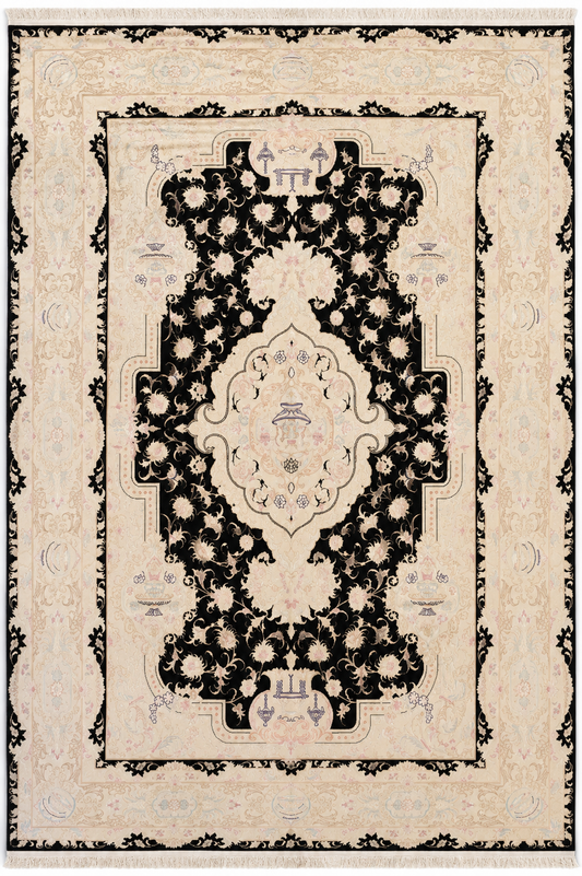 Tabriz Royal Wool and Silk on Silk Base Black/Beige 10 X 7 FT