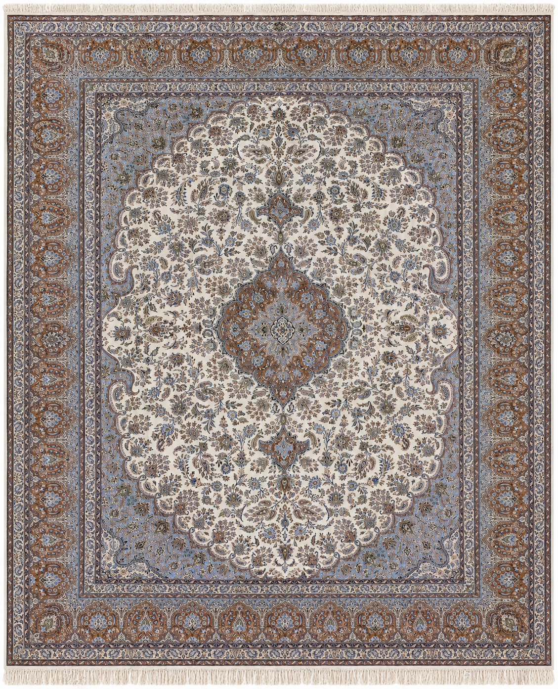 Ispahan on silk base, wool,cream/brown, fine hand knotted 17 X 11 FT