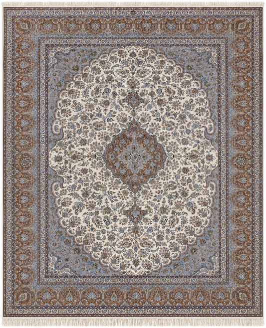 Ispahan on silk base, wool,cream/brown, fine hand knotted 17 X 11 FT