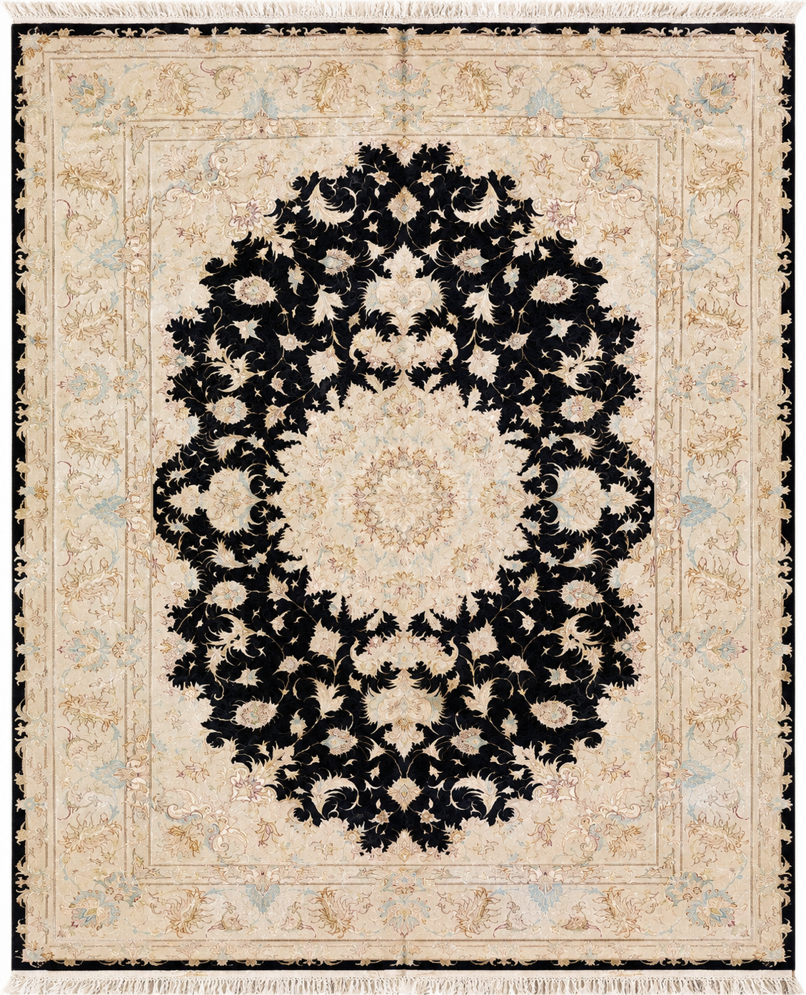 Tabriz wool and silk, black/beige, fine hand knotted 10 X 7 FT