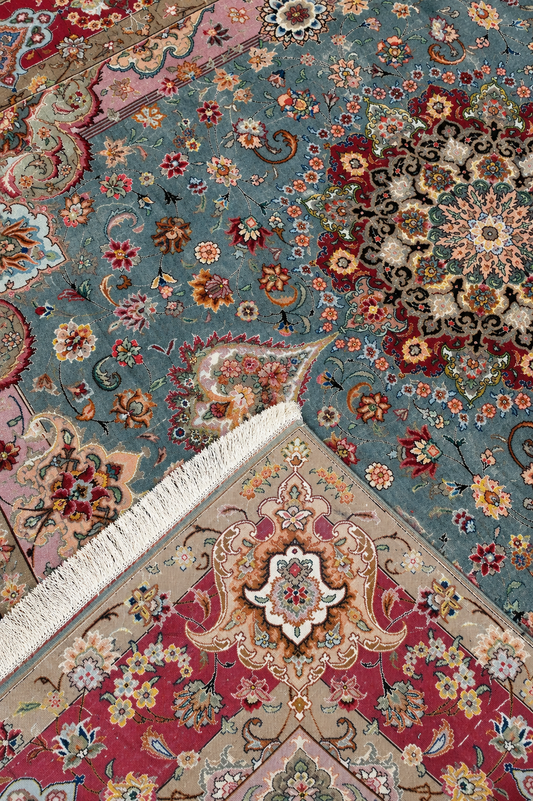 Tabriz Wool and Silk Maroon/Black Fine Hand Knotted 10 X 7 FT