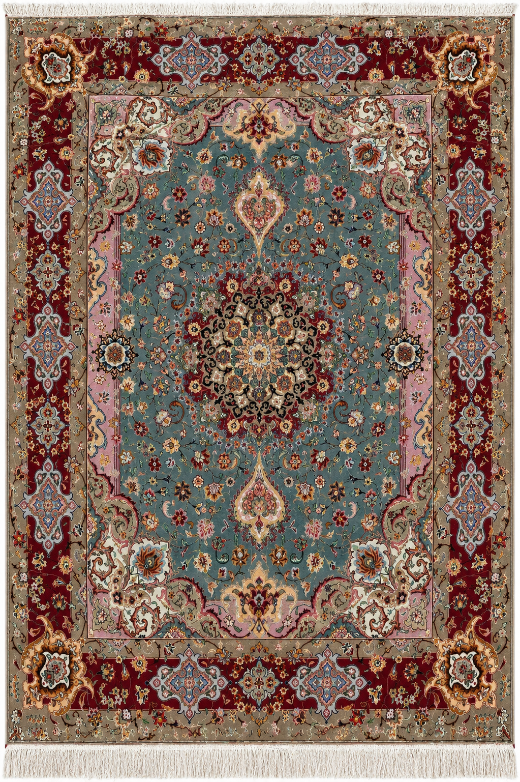 Tabriz Wool and Silk Maroon/Black Fine Hand Knotted 10 X 7 FT