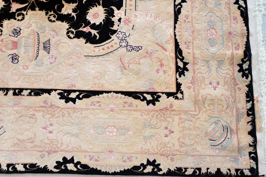 Tabriz Royal Wool and Silk on Silk Base Black/Beige 10 X 7 FT