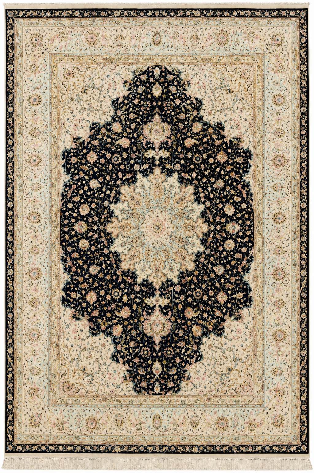 Tabriz Wool and Silk Black/Beige Fine Hand Knotted 10 X 7 FT