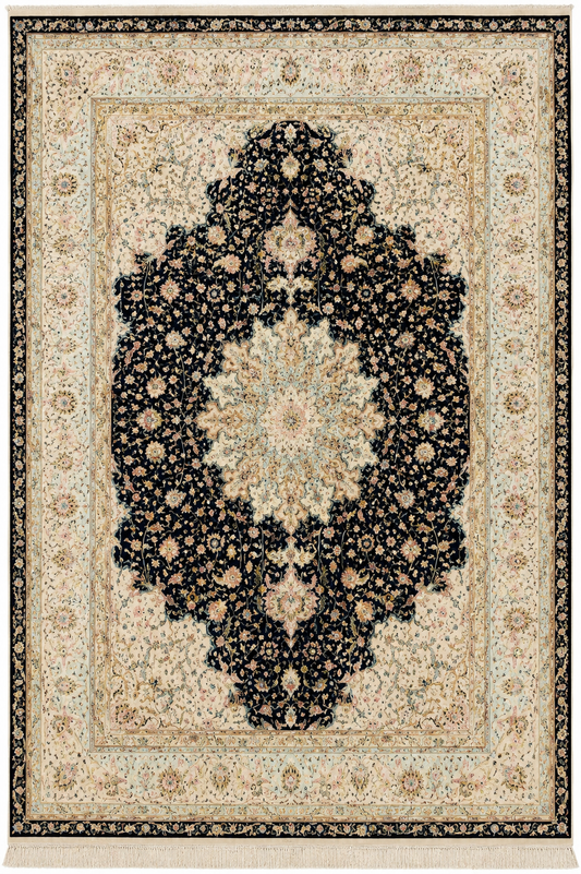 Tabriz Wool and Silk Black/Beige Fine Hand Knotted 10 X 7 FT