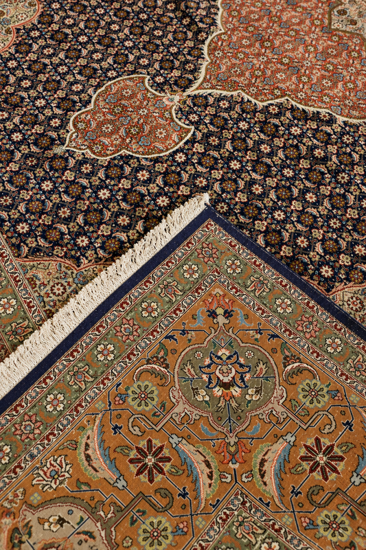 Tabriz Mahi Wool and Silk Maroon and Black Fine Hand Knotted 11 X 8 FT