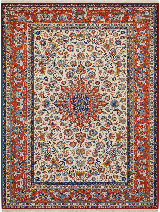 Ispahan Kunj Wool Cream/Orange fine Hand Knotted 12 X 9 FT