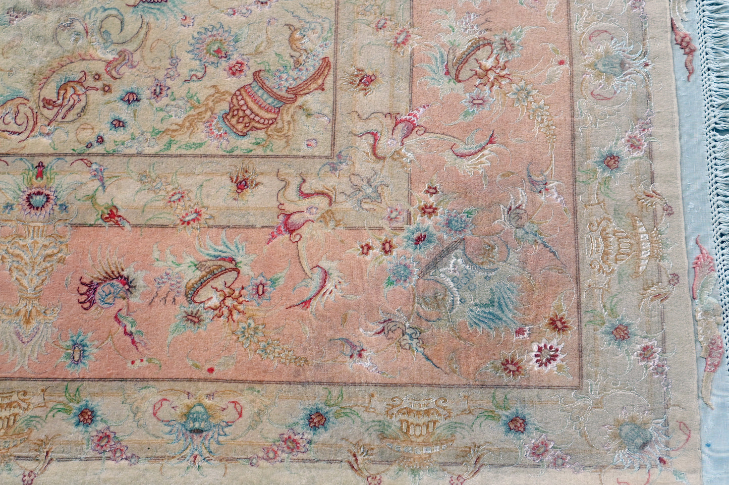 Tabriz Wool and Silk Cream/Pink Fine Hand Knotted 13 X 10 FT
