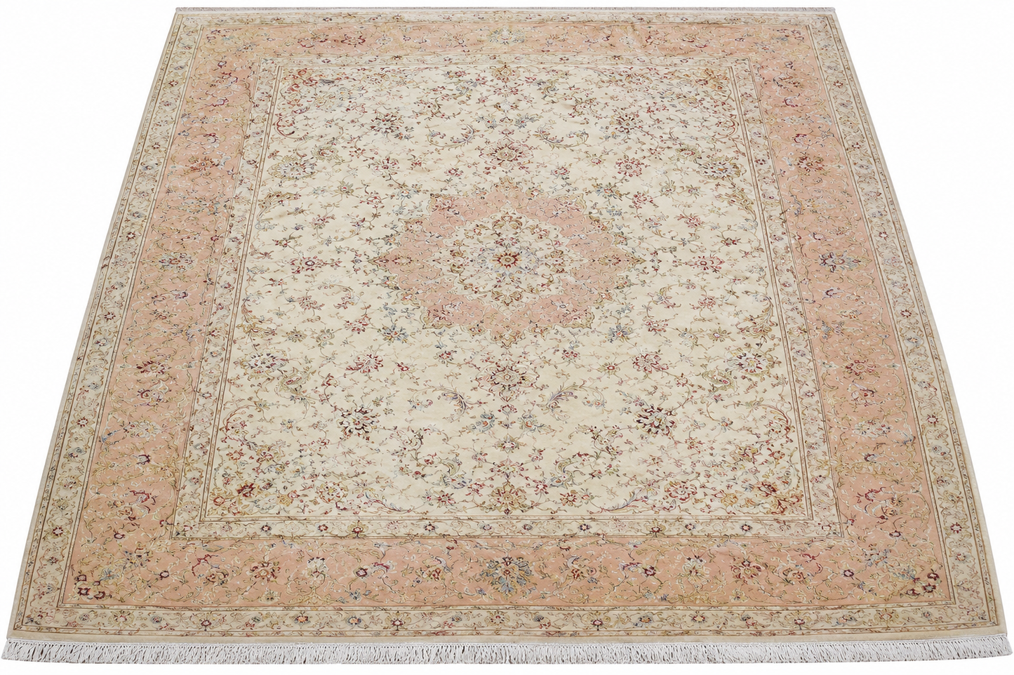 Tabriz Wool and Silk Cream/Pink Fine Hand Knotted 13 X 10 FT
