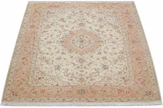 Tabriz Wool and Silk Cream/Pink Fine Hand Knotted 13 X 10 FT