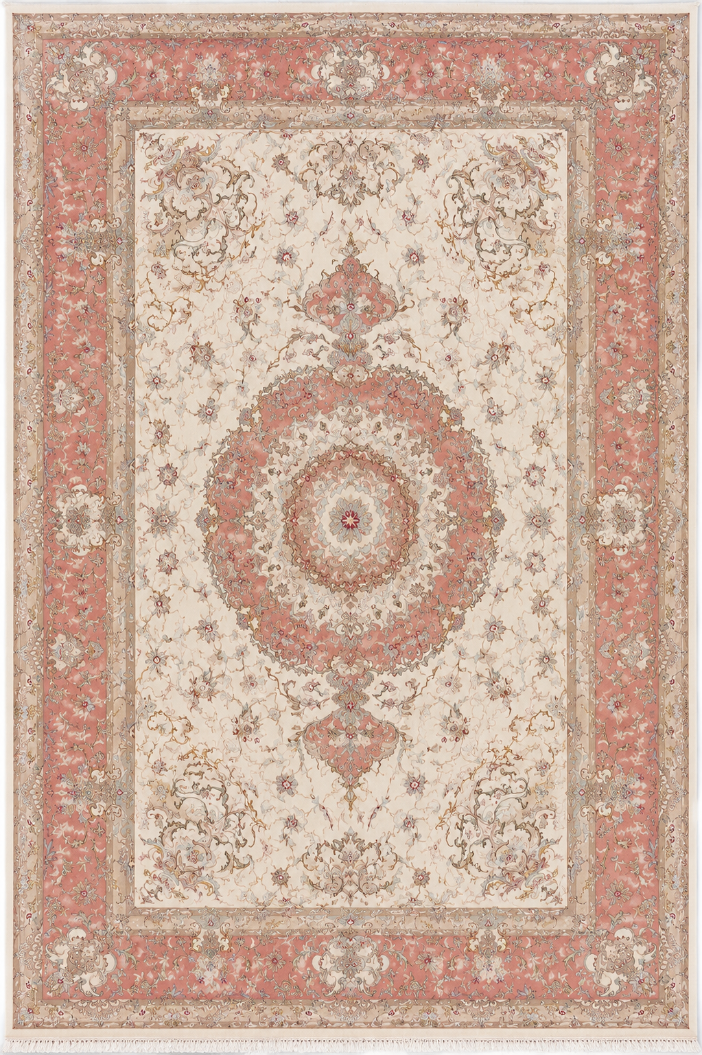 Tabriz Royal Wool and Silk on Silk Base Fine Hand Knotted Cream/Pink 13 X 10 FT