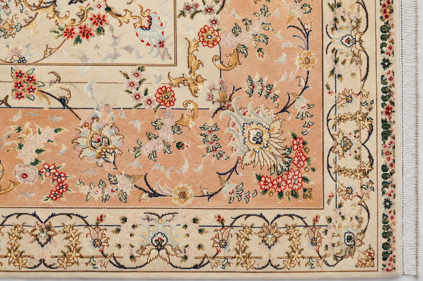 Tabriz Royal Wool and Silk on Silk Base Fine Hand Knotted Cream/Peach 14 X 10 FT