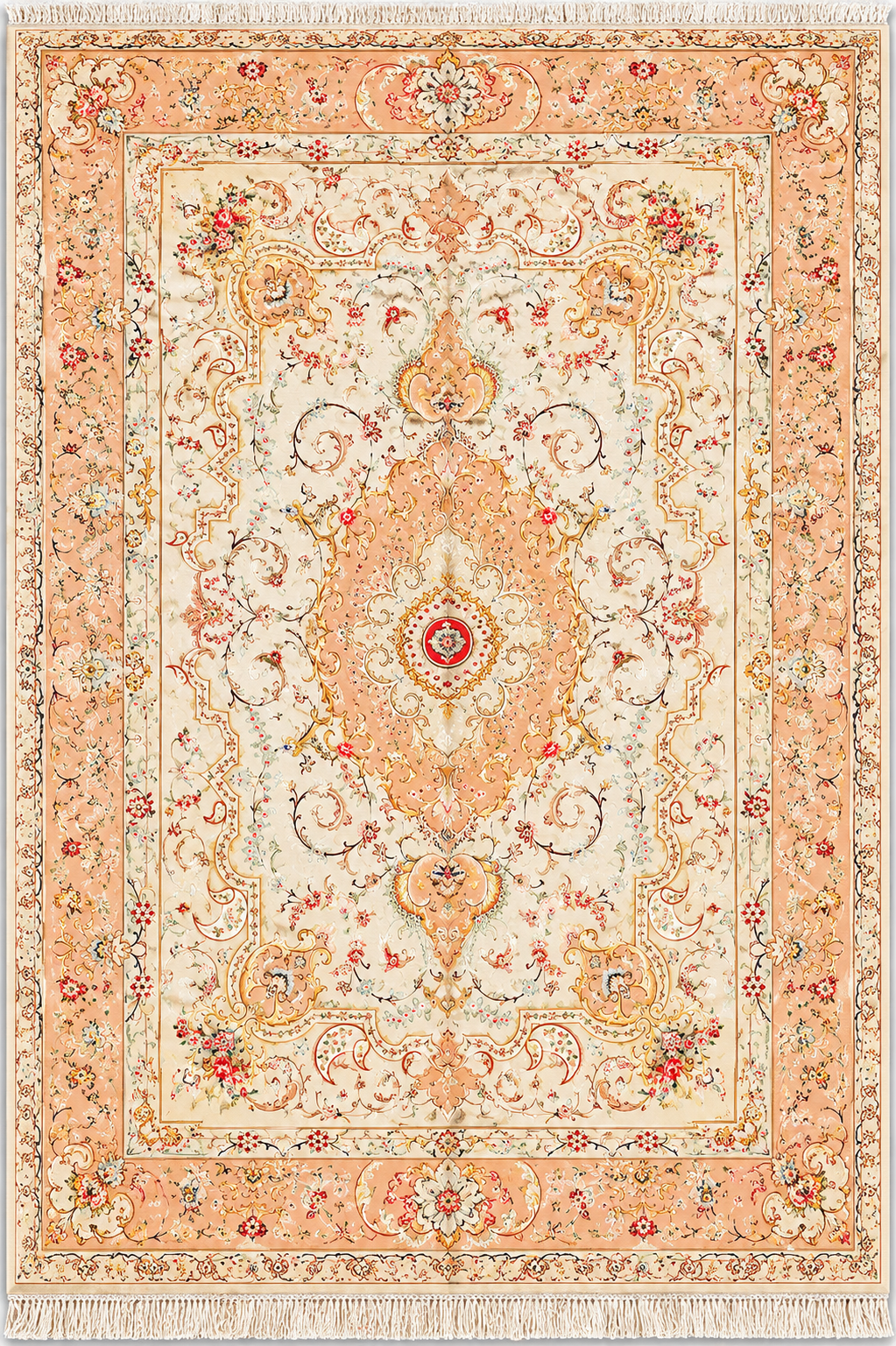 Tabriz Royal Wool and Silk on Silk Base Fine Hand Knotted Cream/Peach 14 X 10 FT