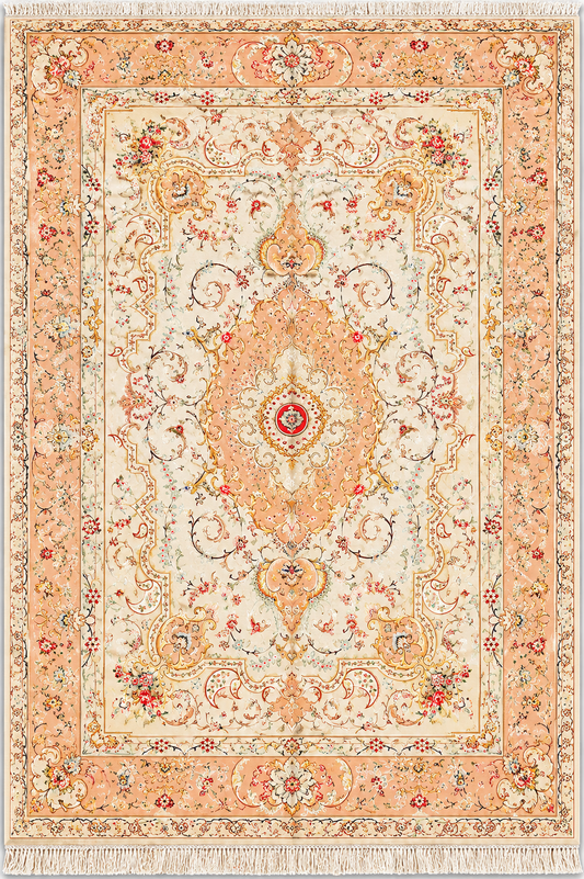 Tabriz Royal Wool and Silk on Silk Base Fine Hand Knotted Cream/Peach 14 X 10 FT