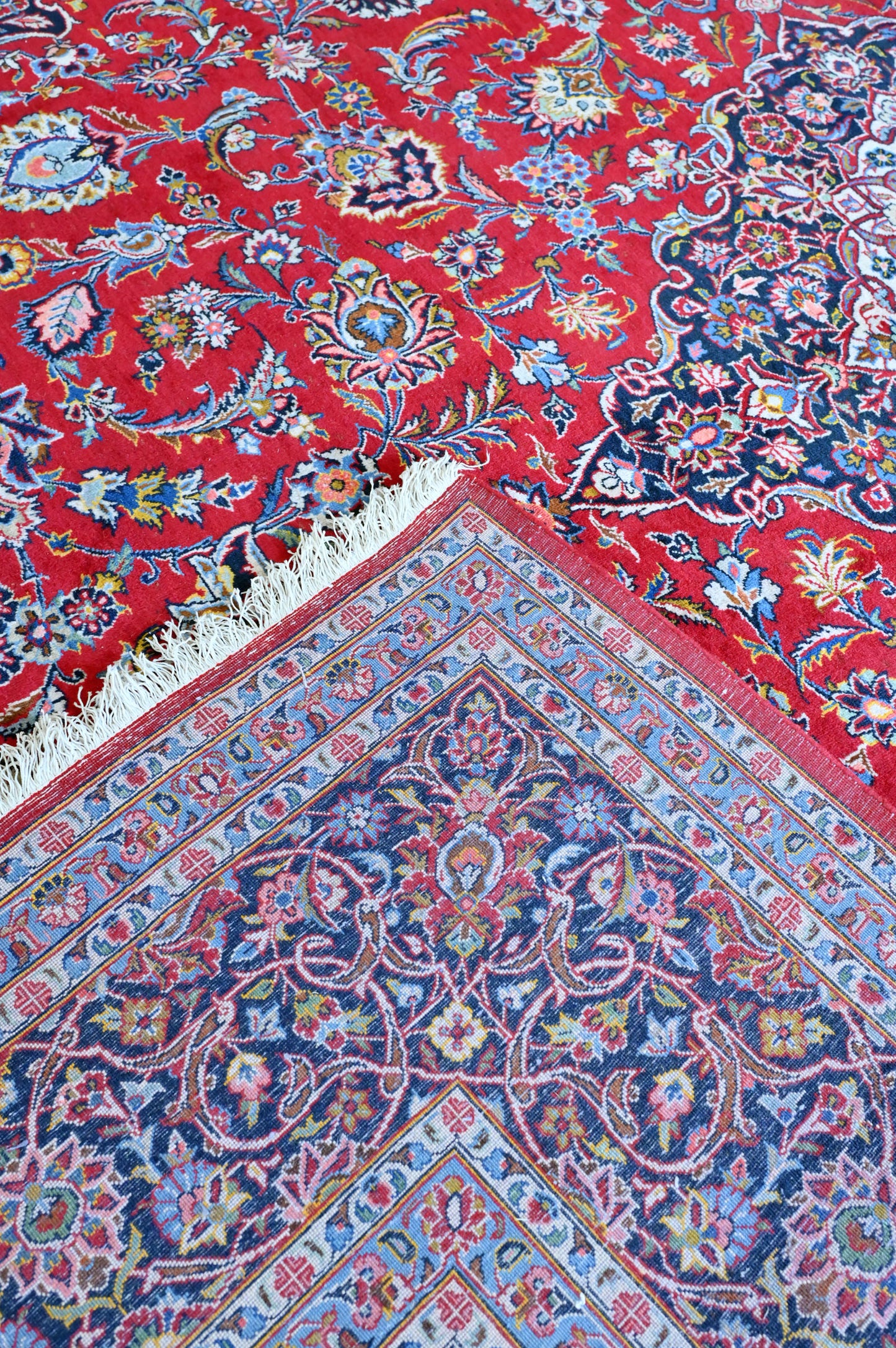 Kashan Wool and Silk Red/Blue 13 X 10 FT